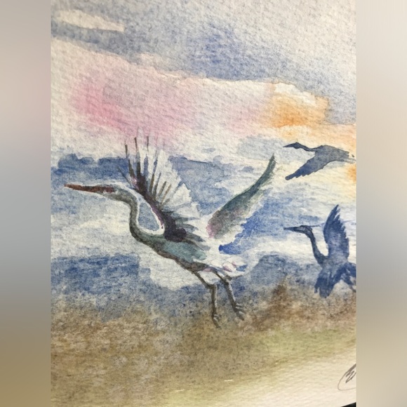 Original Egrets Watercolor Painting Birds Flight Art Landscape Decor Artettina - Picture 7 of 9